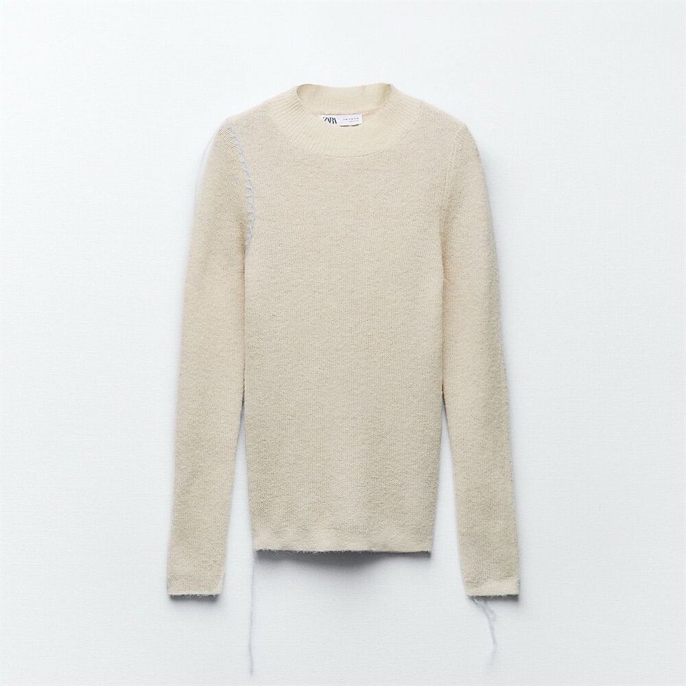 Zara Women's Beige Knit Cardigan Stitching Detail Size L Sweater NWT